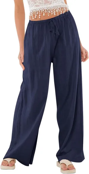 Women Linen Pants Summer Palazzo Pants Drawstring High Waist Trouser Pant Tummy Control Wide Leg Pant with Pockets