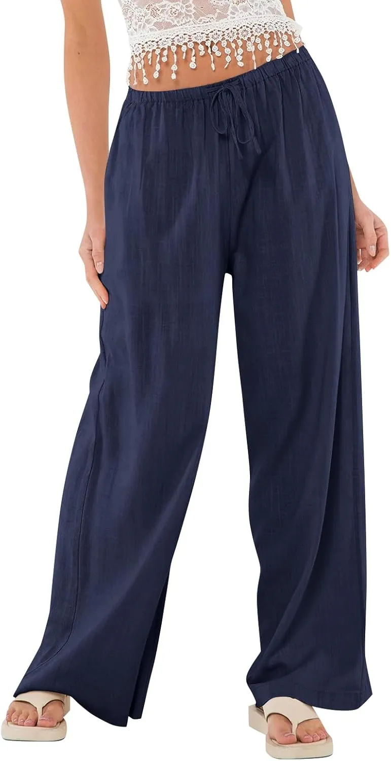 Women Linen Pants Summer Palazzo Pants Drawstring High Waist Trouser Pant Tummy Control Wide Leg Pant with Pockets