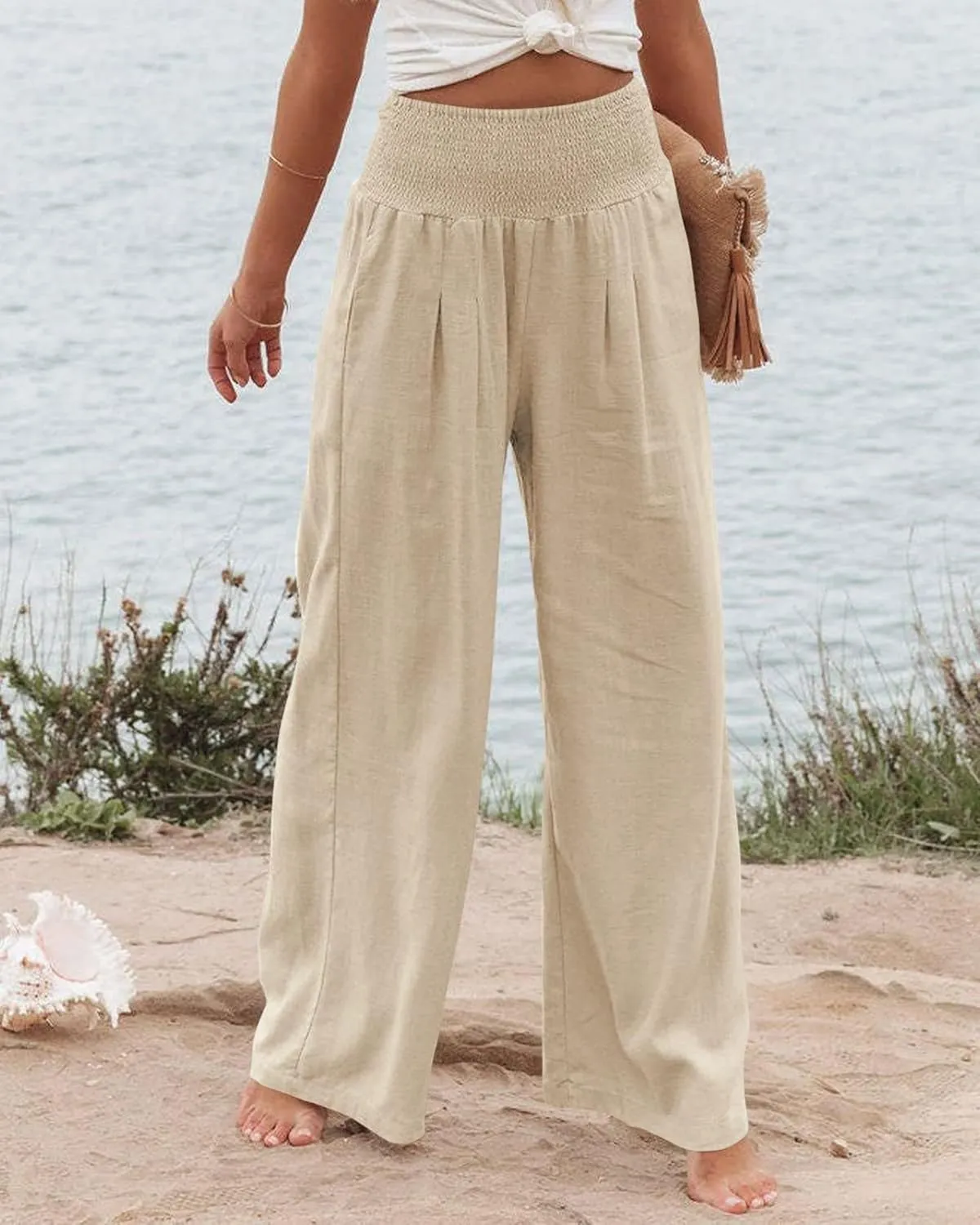 Women Summer High Waisted Cotton Linen Palazzo Pants Wide Leg Long Lounge Casual Beach Pant Trousers Pockets