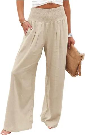 Women Summer High Waisted Cotton Linen Palazzo Pants Wide Leg Long Lounge Casual Beach Pant Trousers Pockets