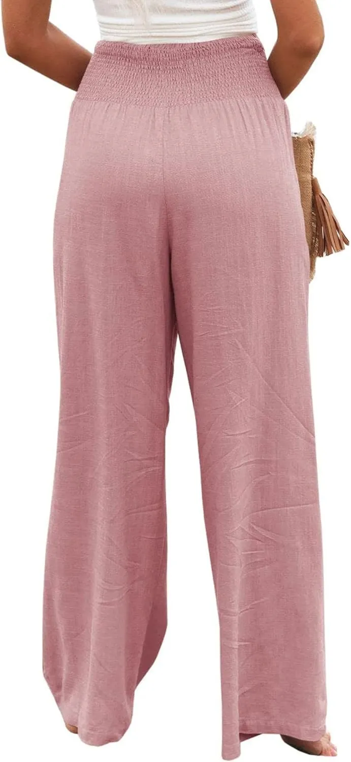 Women Summer High Waisted Cotton Linen Palazzo Pants Wide Leg Long Lounge Casual Beach Pant Trousers Pockets
