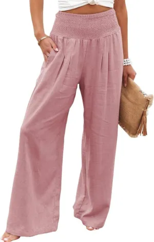 Women Summer High Waisted Cotton Linen Palazzo Pants Wide Leg Long Lounge Casual Beach Pant Trousers Pockets