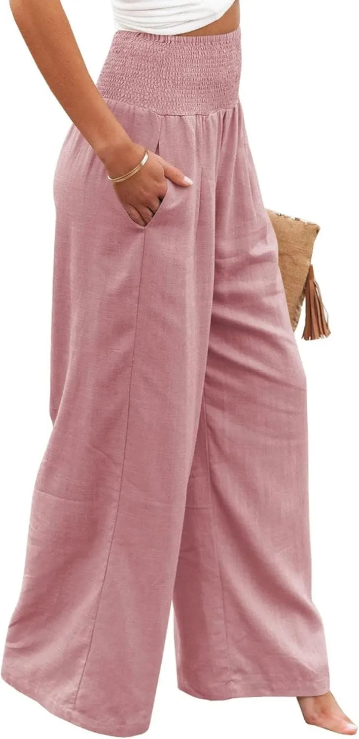 Women Summer High Waisted Cotton Linen Palazzo Pants Wide Leg Long Lounge Casual Beach Pant Trousers Pockets