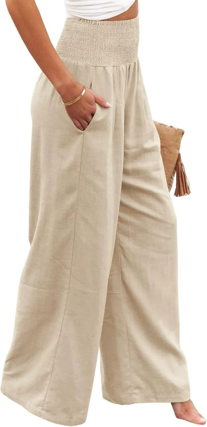 Women Summer High Waisted Cotton Linen Palazzo Pants Wide Leg Long Lounge Casual Beach Pant Trousers Pockets