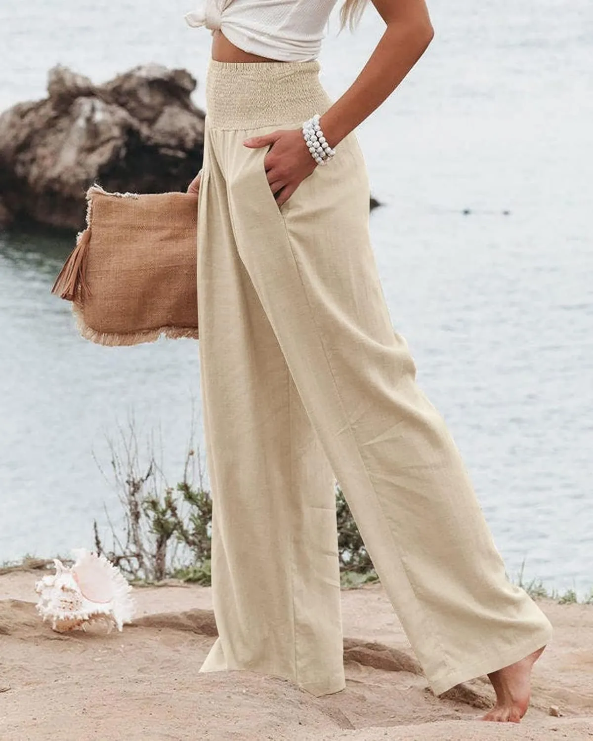Women Summer High Waisted Cotton Linen Palazzo Pants Wide Leg Long Lounge Casual Beach Pant Trousers Pockets