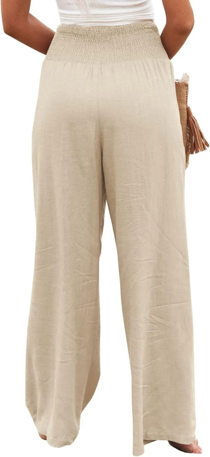 Women Summer High Waisted Cotton Linen Palazzo Pants Wide Leg Long Lounge Casual Beach Pant Trousers Pockets