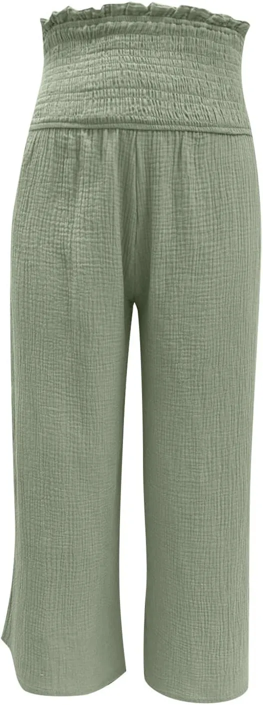 Womens Linen Capri Pants Wide Leg Palazzo Lounge Pant Summer High Waisted Flowy Beach Work Boho Casual Trousers
