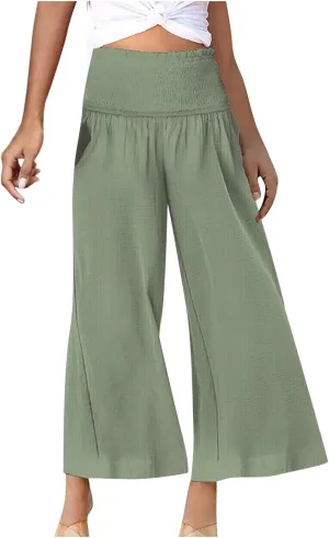 Womens Linen Capri Pants Wide Leg Palazzo Lounge Pant Summer High Waisted Flowy Beach Work Boho Casual Trousers