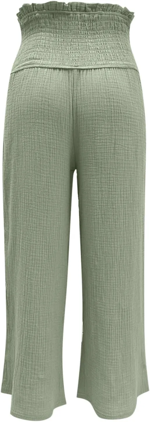 Womens Linen Capri Pants Wide Leg Palazzo Lounge Pant Summer High Waisted Flowy Beach Work Boho Casual Trousers