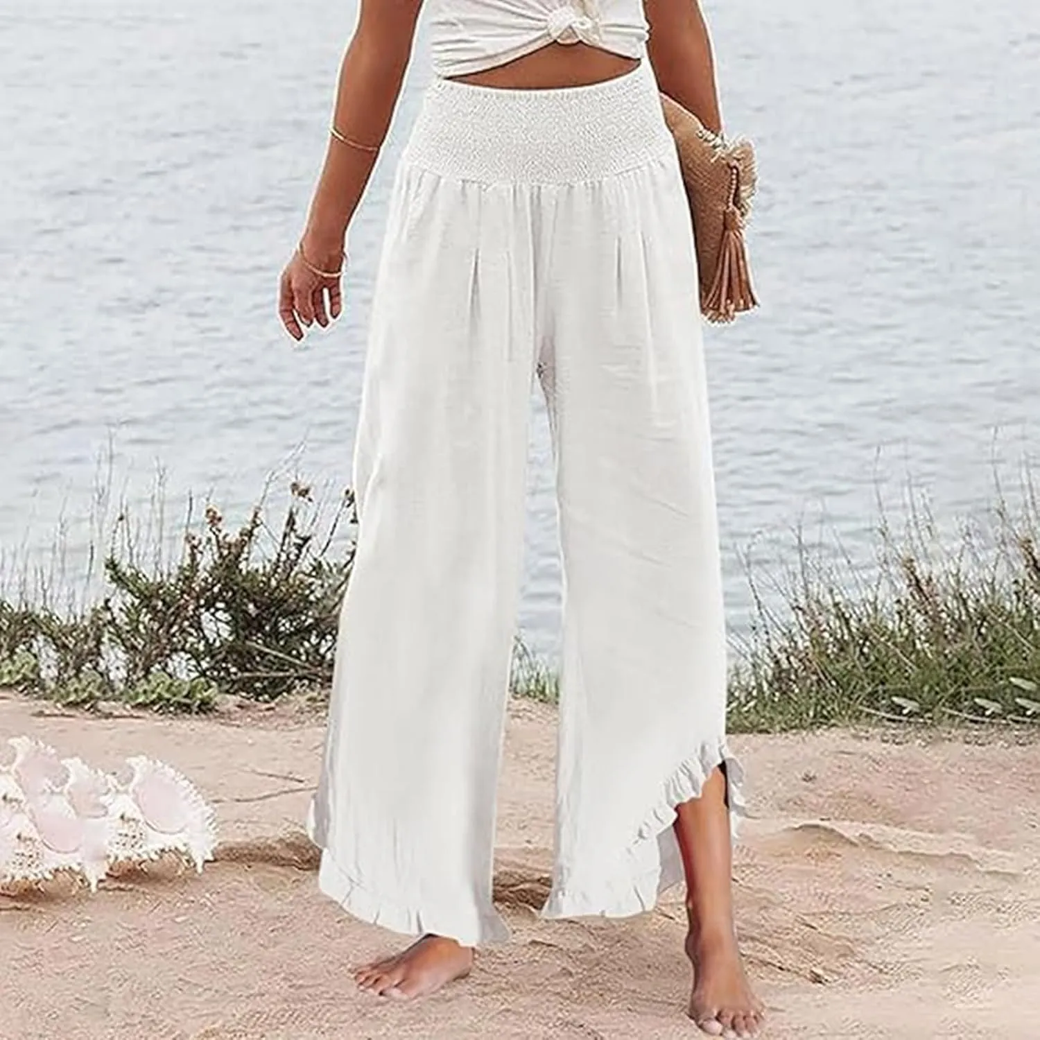 Women's Linen Palazzo Pants Casual Summer Beach Vacation High Waist Wide Leg Trousers Trendy Lounge Pant with Pockets