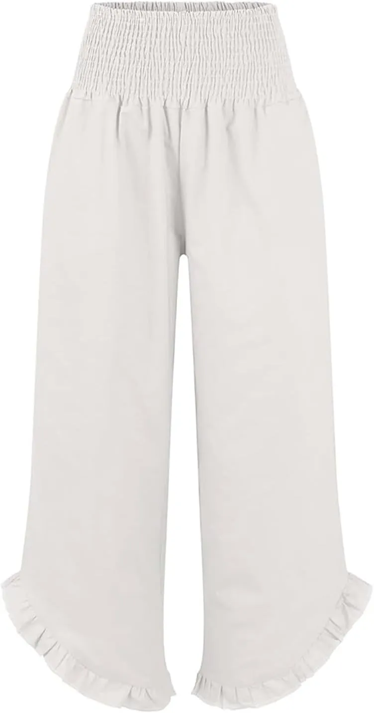 Women's Linen Palazzo Pants Casual Summer Beach Vacation High Waist Wide Leg Trousers Trendy Lounge Pant with Pockets