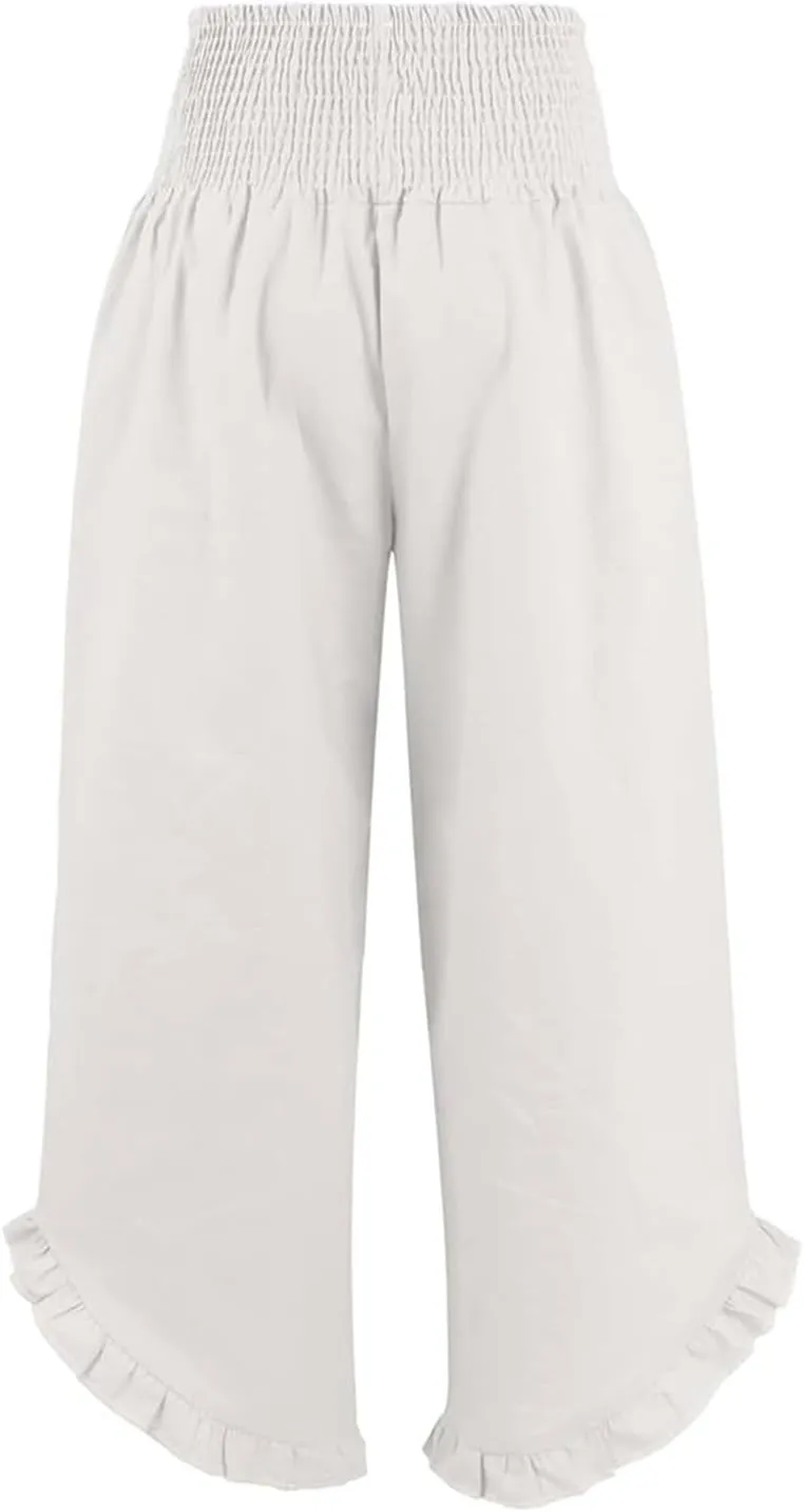Women's Linen Palazzo Pants Casual Summer Beach Vacation High Waist Wide Leg Trousers Trendy Lounge Pant with Pockets
