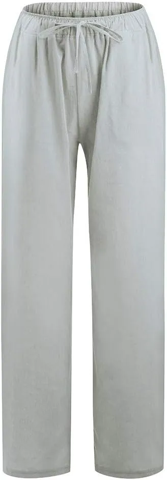Women's Vintage Wide Leg Pants Cotton Linen Harem Pants Summer Elastic Waist Casual Lightweight Baggy Slacks Trousers