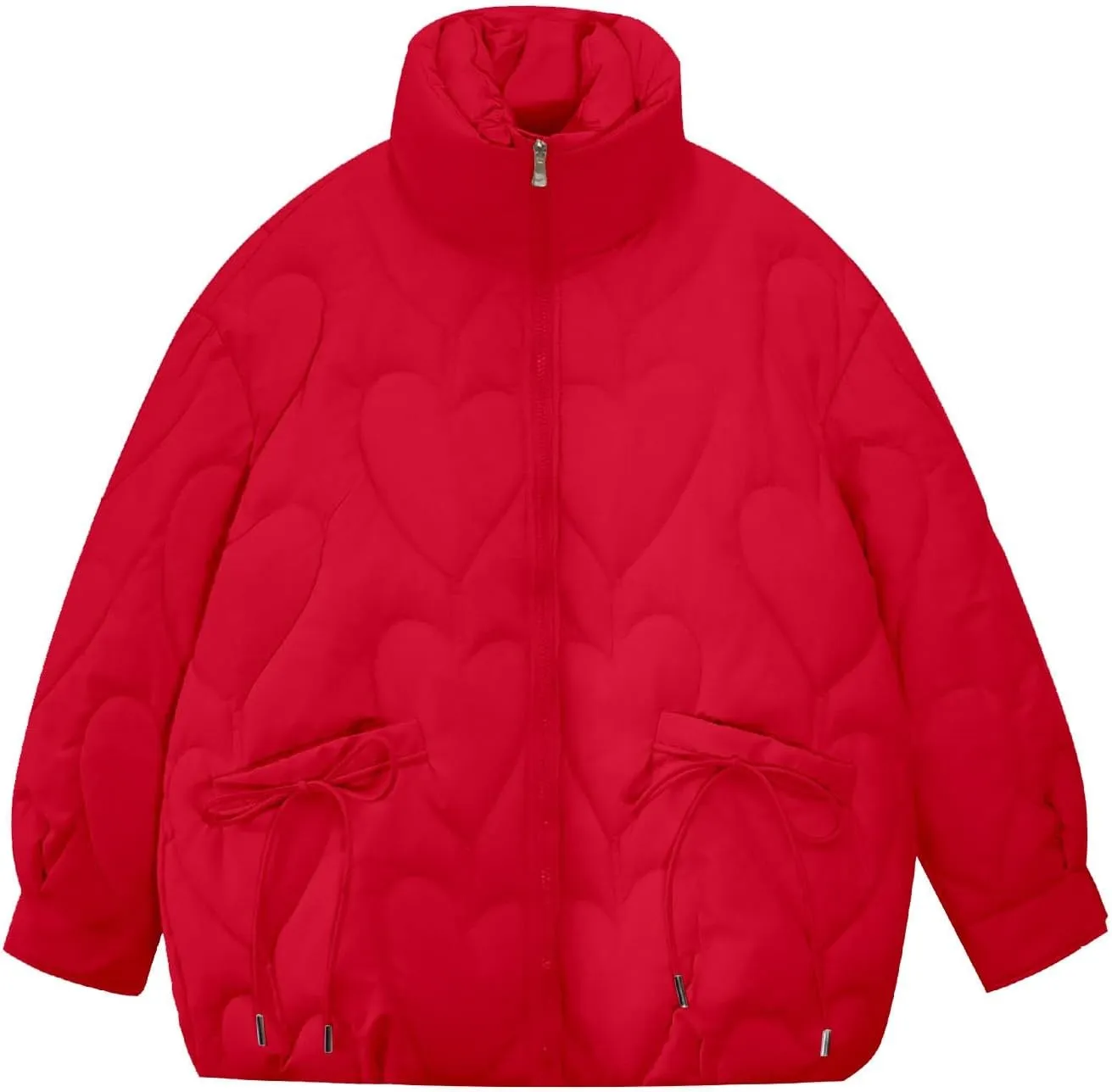 Womens Winter Quilted Jacket Loose Fit Stand Collar Zipper Down Coat Solid Color Warm Padded Fluffy Coats with Pockets