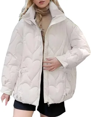 Womens Winter Quilted Jacket Loose Fit Stand Collar Zipper Down Coat Solid Color Warm Padded Fluffy Coats with Pockets