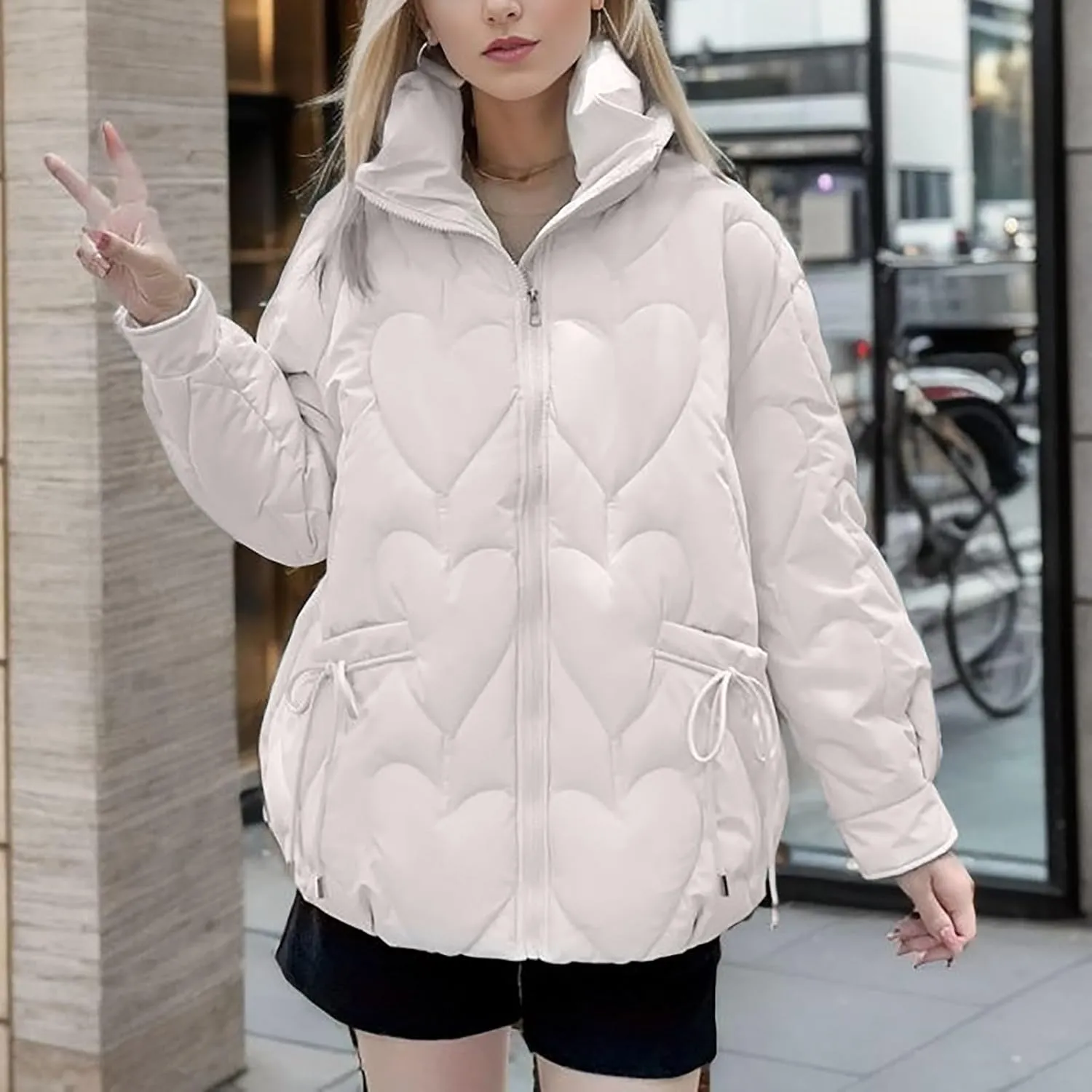 Womens Winter Quilted Jacket Loose Fit Stand Collar Zipper Down Coat Solid Color Warm Padded Fluffy Coats with Pockets