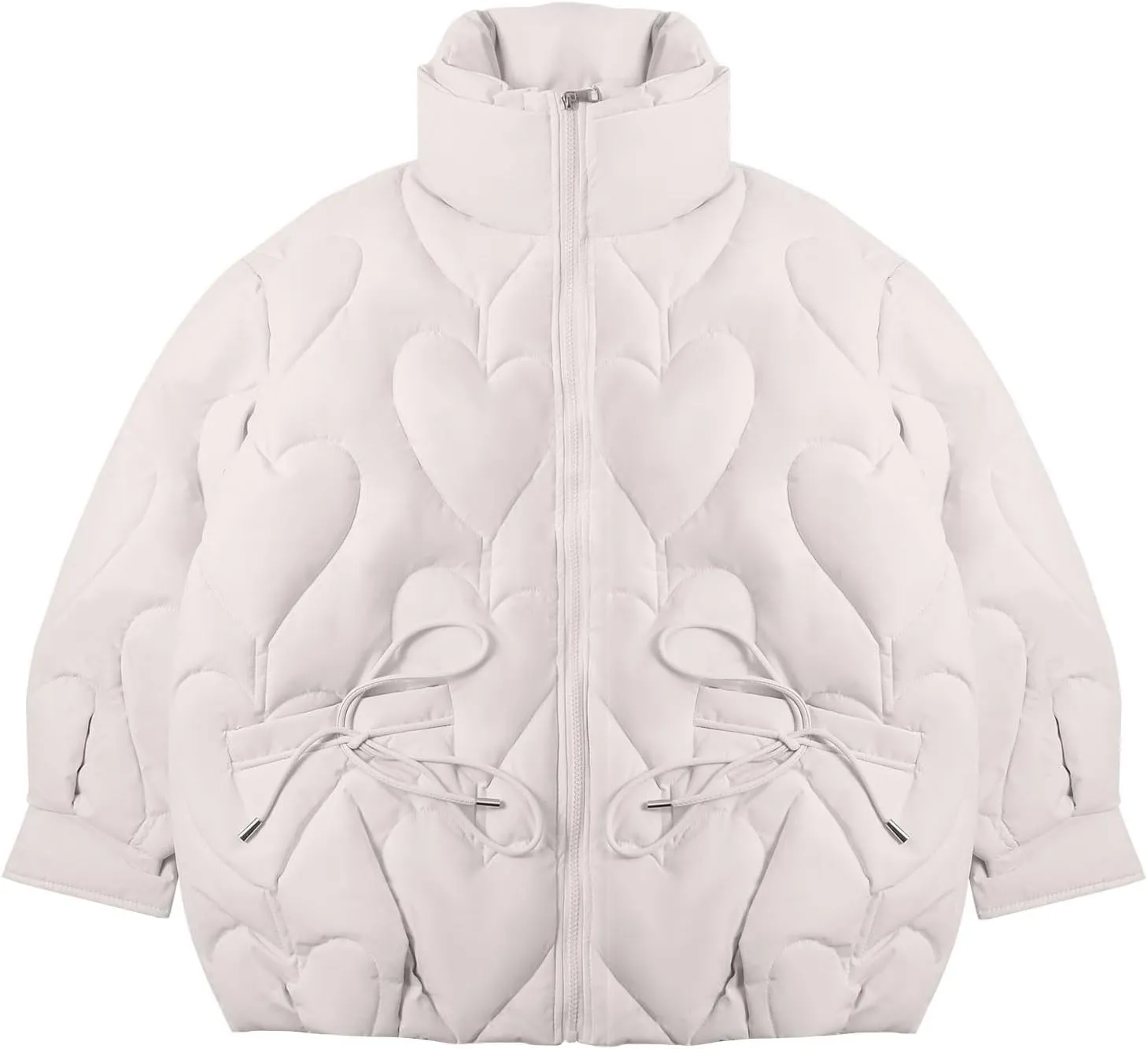 Womens Winter Quilted Jacket Loose Fit Stand Collar Zipper Down Coat Solid Color Warm Padded Fluffy Coats with Pockets