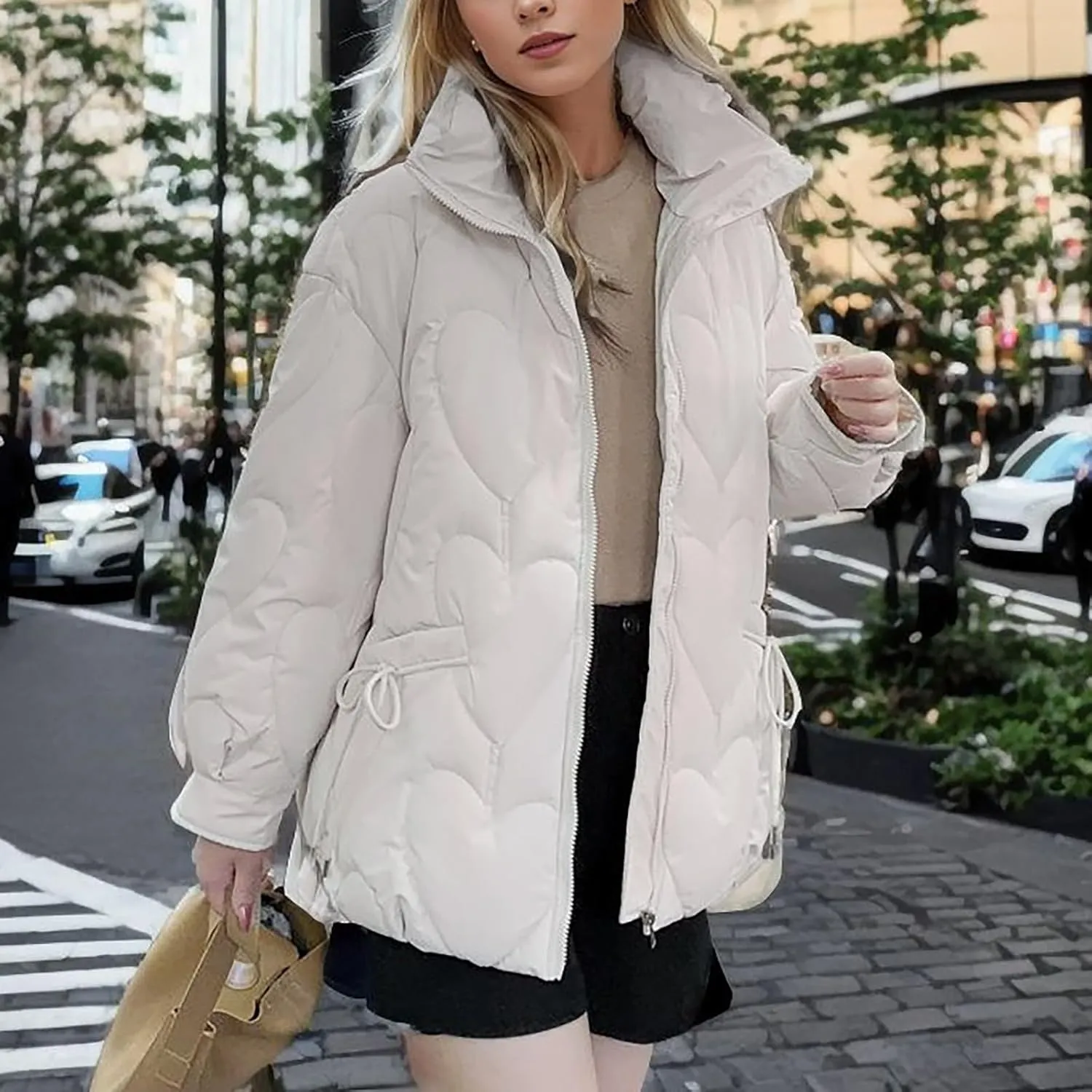 Womens Winter Quilted Jacket Loose Fit Stand Collar Zipper Down Coat Solid Color Warm Padded Fluffy Coats with Pockets