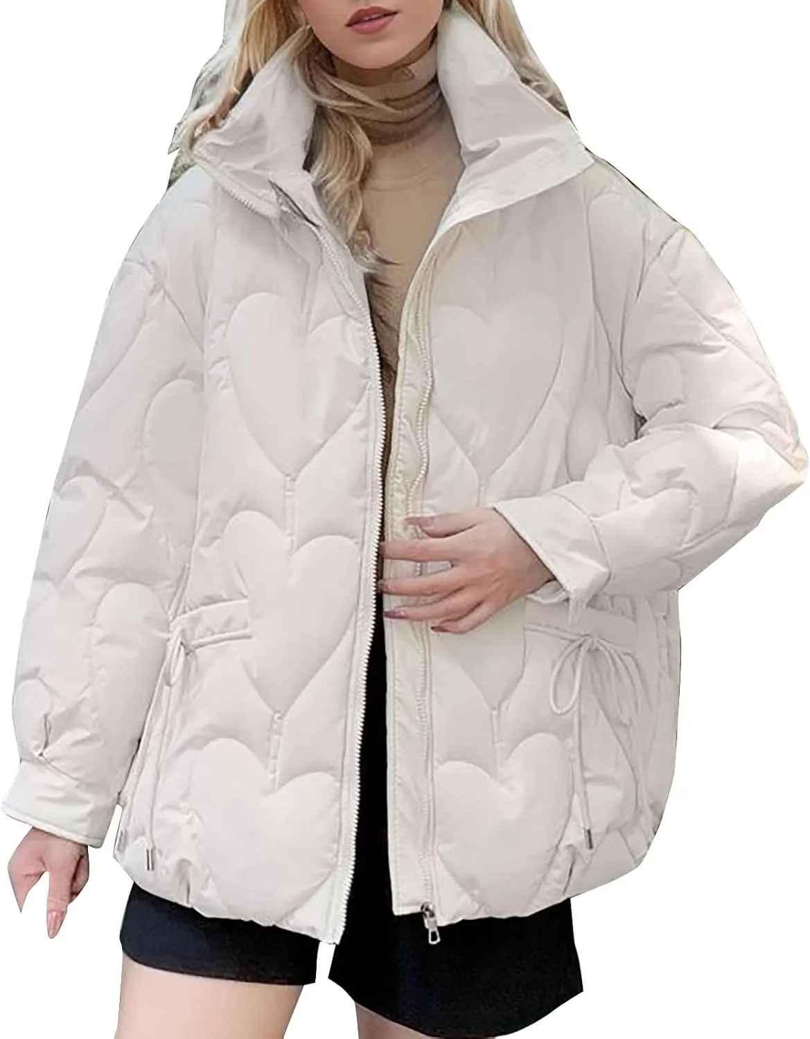 Womens Winter Quilted Jacket Loose Fit Stand Collar Zipper Down Coat Solid Color Warm Padded Fluffy Coats with Pockets