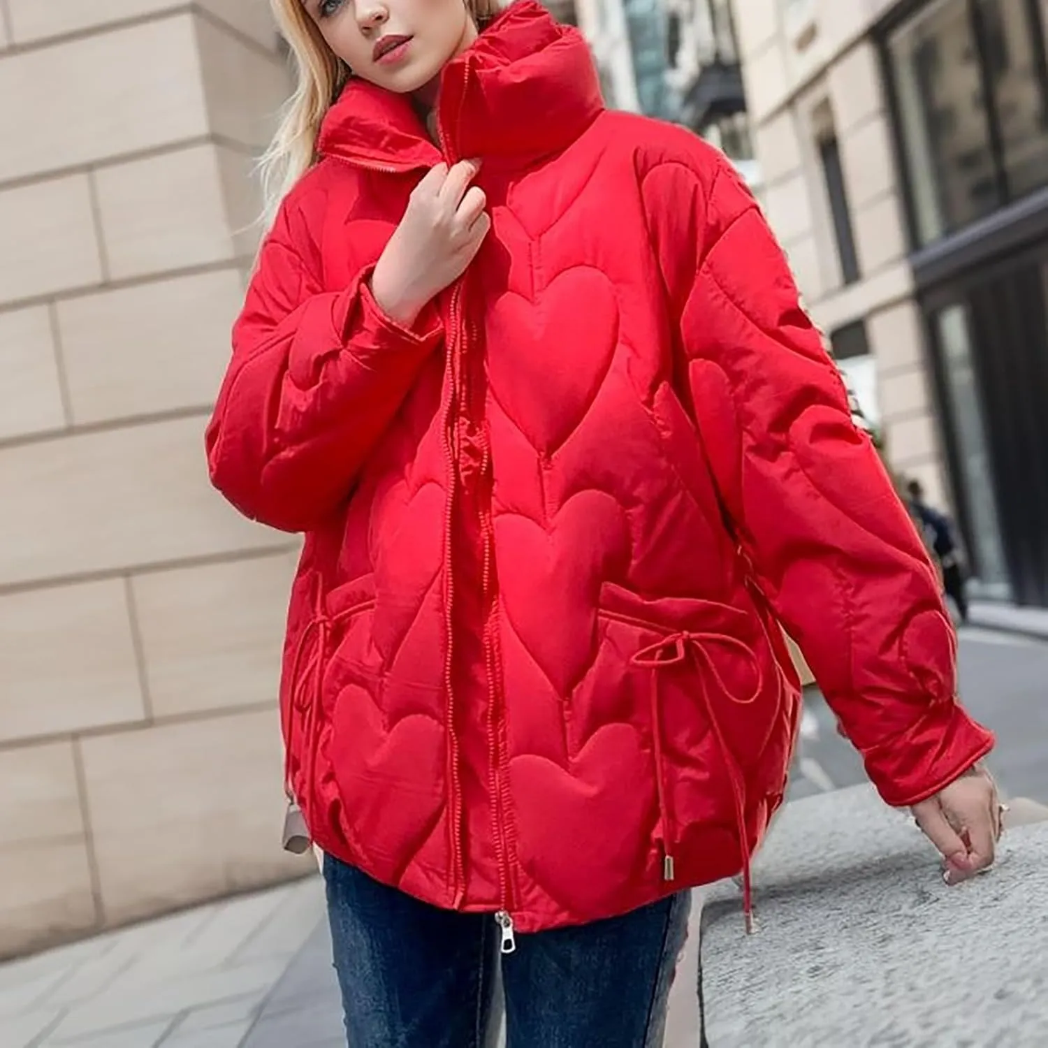 Womens Winter Quilted Jacket Loose Fit Stand Collar Zipper Down Coat Solid Color Warm Padded Fluffy Coats with Pockets