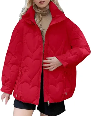 Womens Winter Quilted Jacket Loose Fit Stand Collar Zipper Down Coat Solid Color Warm Padded Fluffy Coats with Pockets