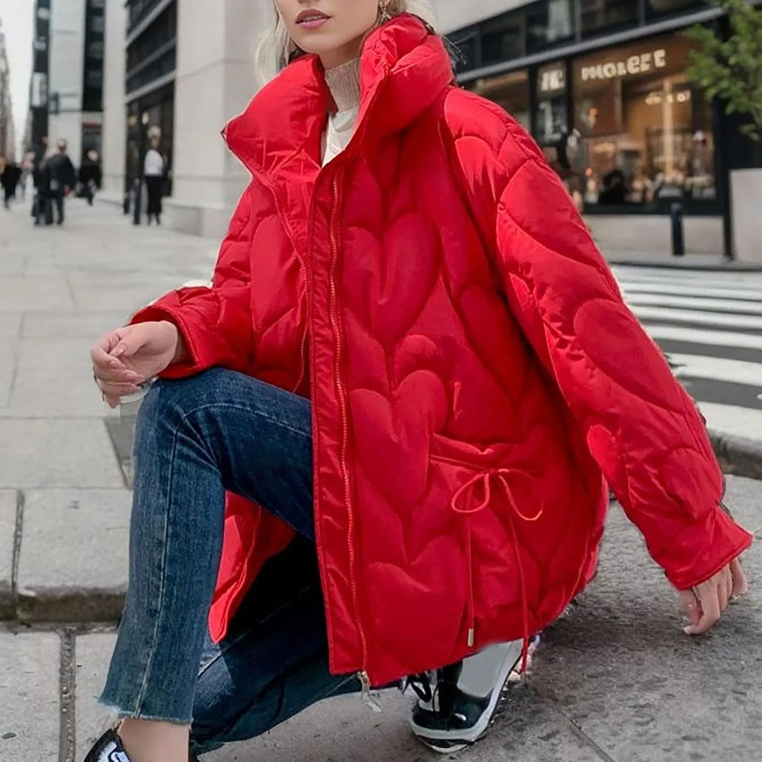 Womens Winter Quilted Jacket Loose Fit Stand Collar Zipper Down Coat Solid Color Warm Padded Fluffy Coats with Pockets