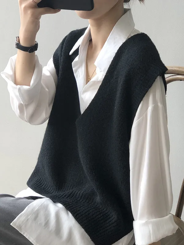 xakxx Knitting Irregularity Solid V-Neck Vest