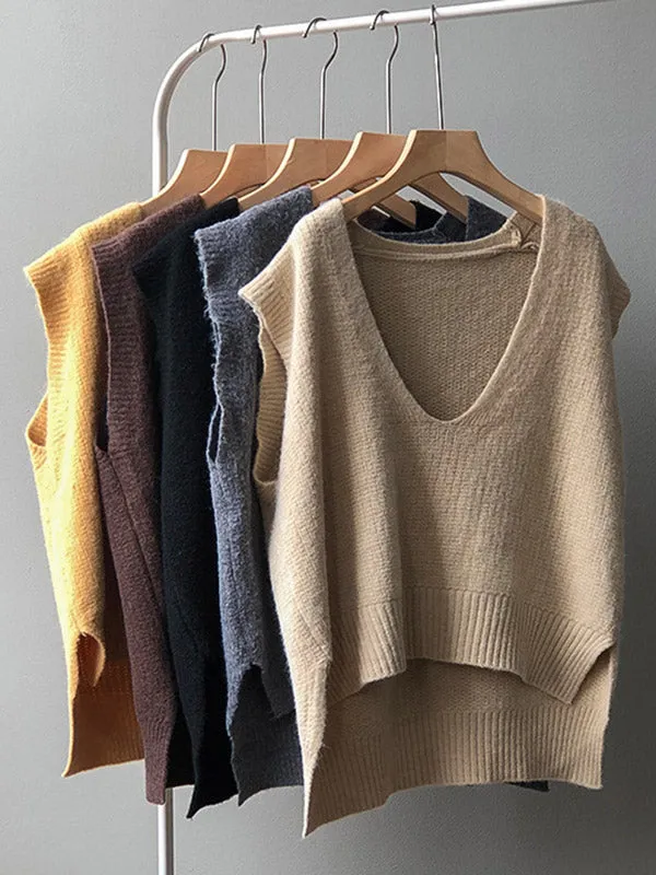 xakxx Knitting Irregularity Solid V-Neck Vest