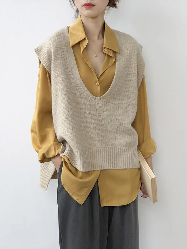 xakxx Knitting Irregularity Solid V-Neck Vest