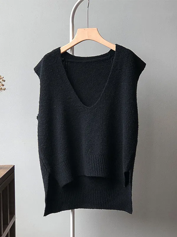 xakxx Knitting Irregularity Solid V-Neck Vest