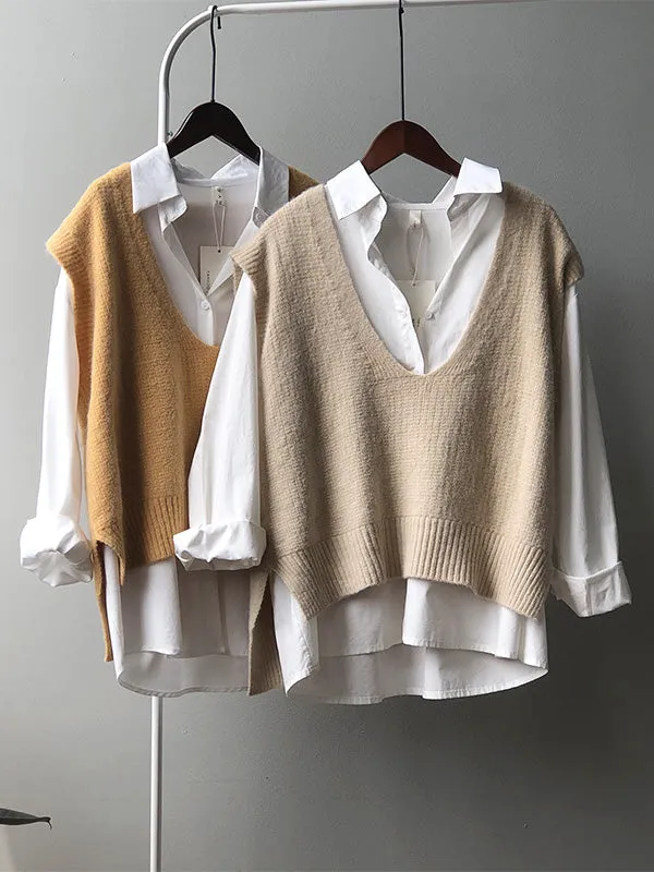 xakxx Knitting Irregularity Solid V-Neck Vest