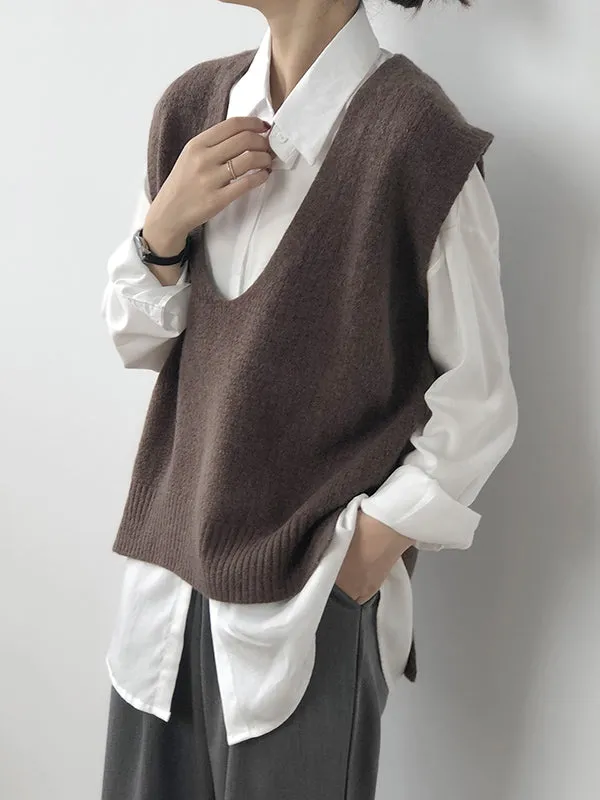 xakxx Knitting Irregularity Solid V-Neck Vest