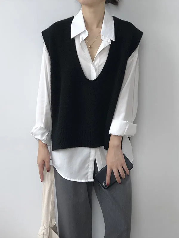 xakxx Knitting Irregularity Solid V-Neck Vest