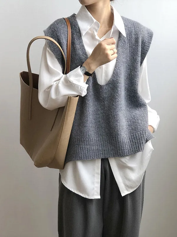 xakxx Knitting Irregularity Solid V-Neck Vest