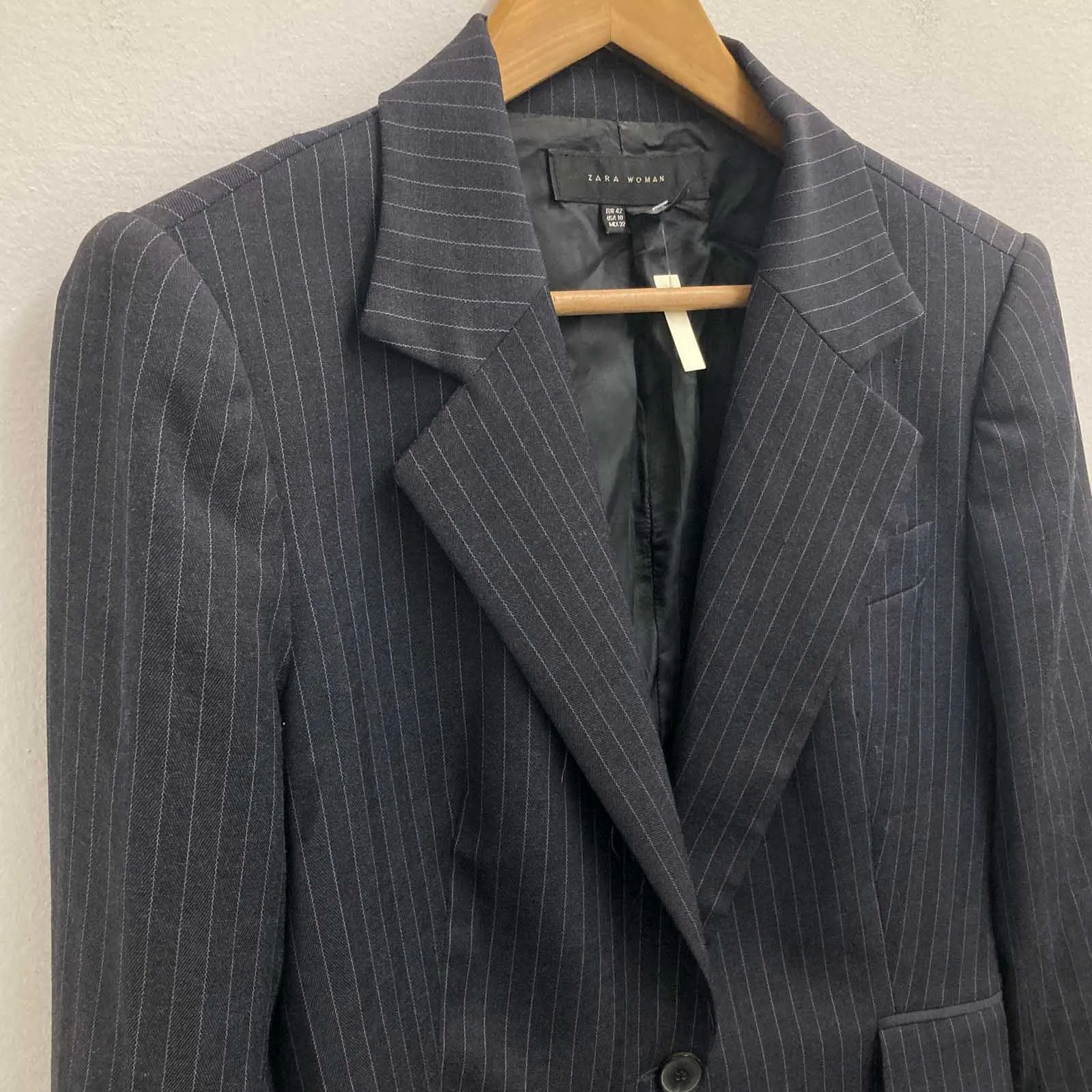 Zara Jacket Size 42 UK 14 Charcoal Grey Pinstripe Wool Blend